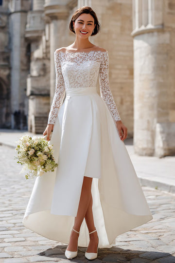 Elegant A-Line Ivory High-Low Wedding Dress With Lace Long Sleeves
